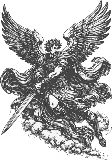 Gravura de um anjo com espada, símbolo da wittler